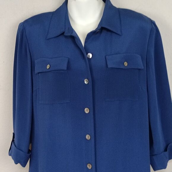 Vintage Talbots Women's Classic Silk Blue Long Sleeve Button Up Midi Dress sz 10 - Picture 3 of 15
